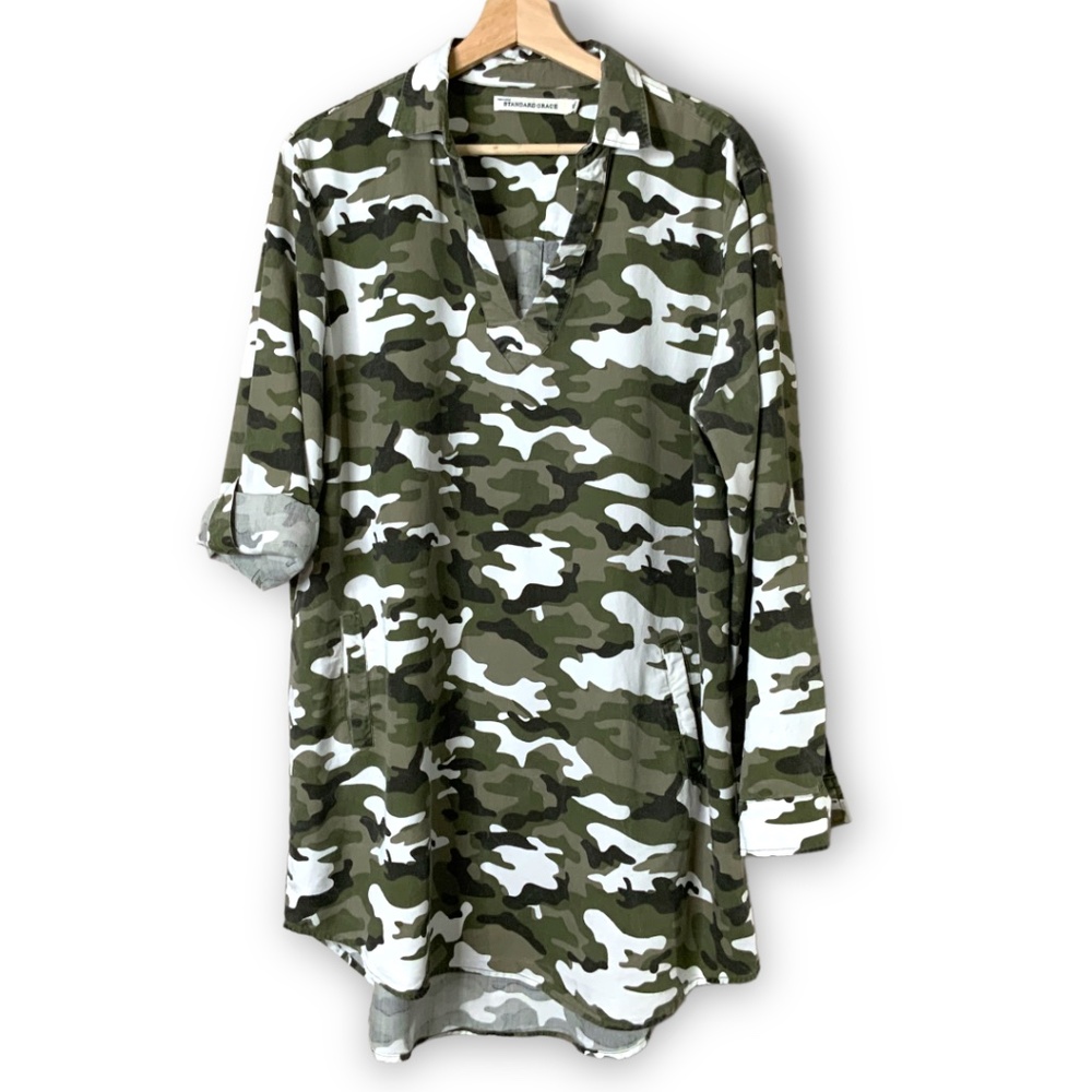 ANTHROPOLOGIE STANDARD GRACE Popover Camo Mini Dress / Tunic Roll Tab Sleeves XL